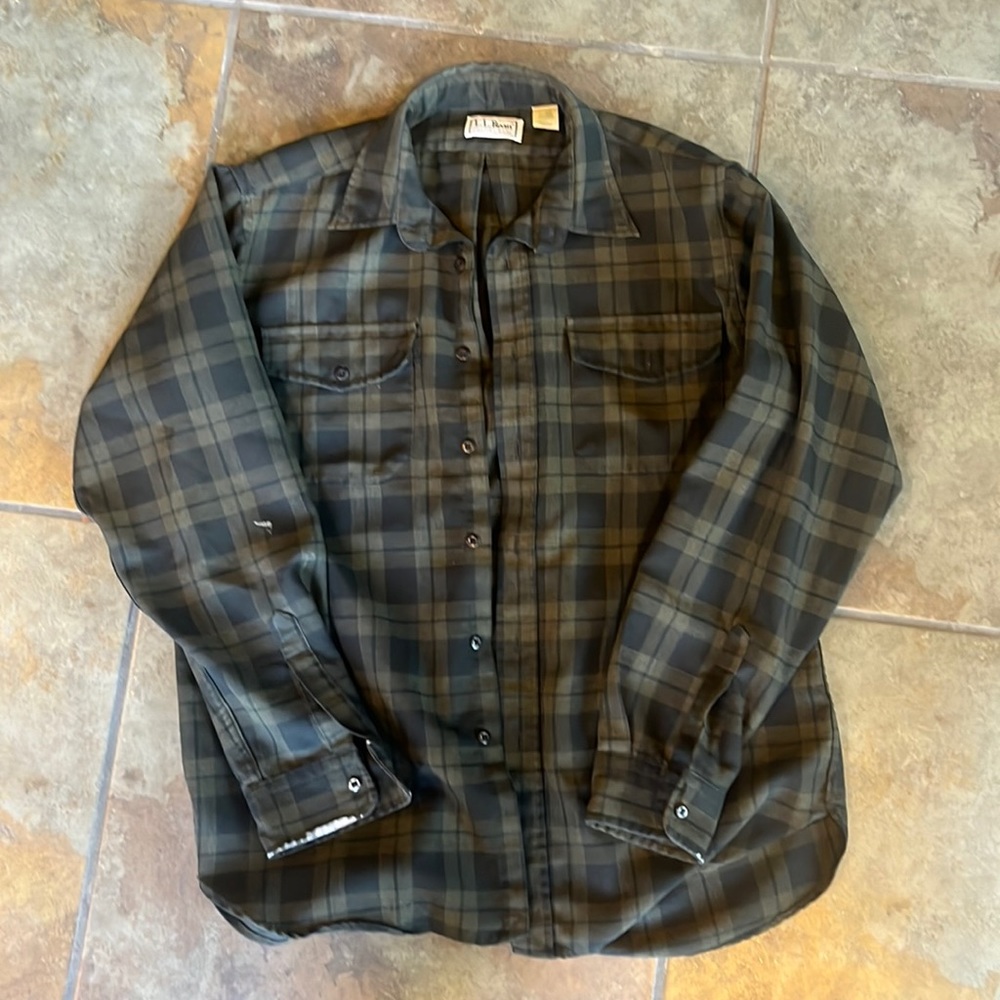 L.L. Bean distressed grunge button up, small holes, fraying on sleeves, paint